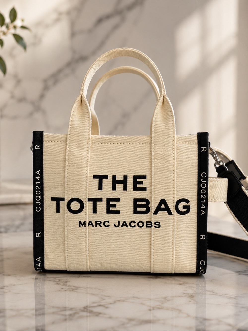 Marc Jacobs The Tote Bag Small Traveler Tote – Cream/Black Canvas Crossbody